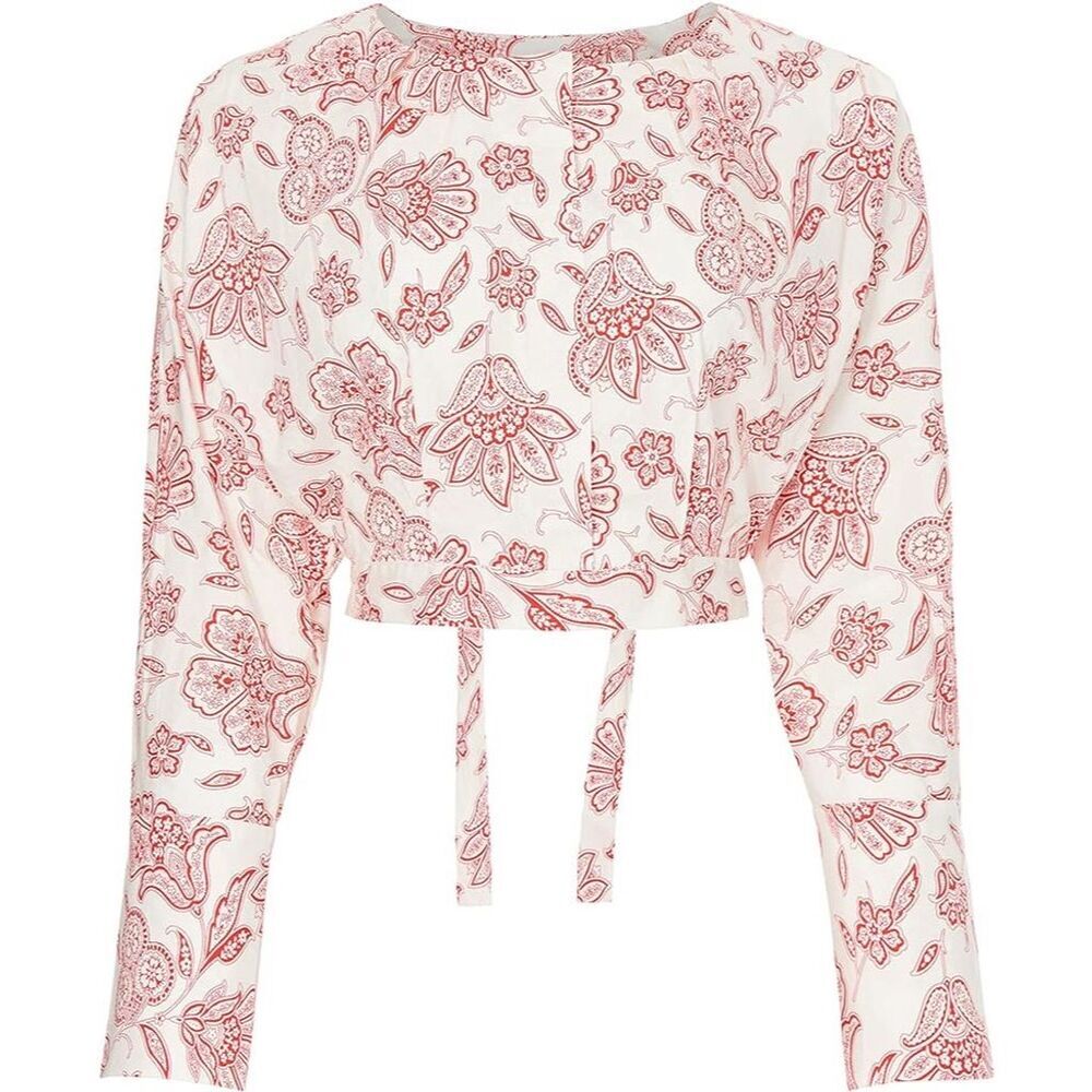 Saunders Women’s Fredrique Top Red Floral Blouse Sz 4 Tie-Back Long Sleeve Crop